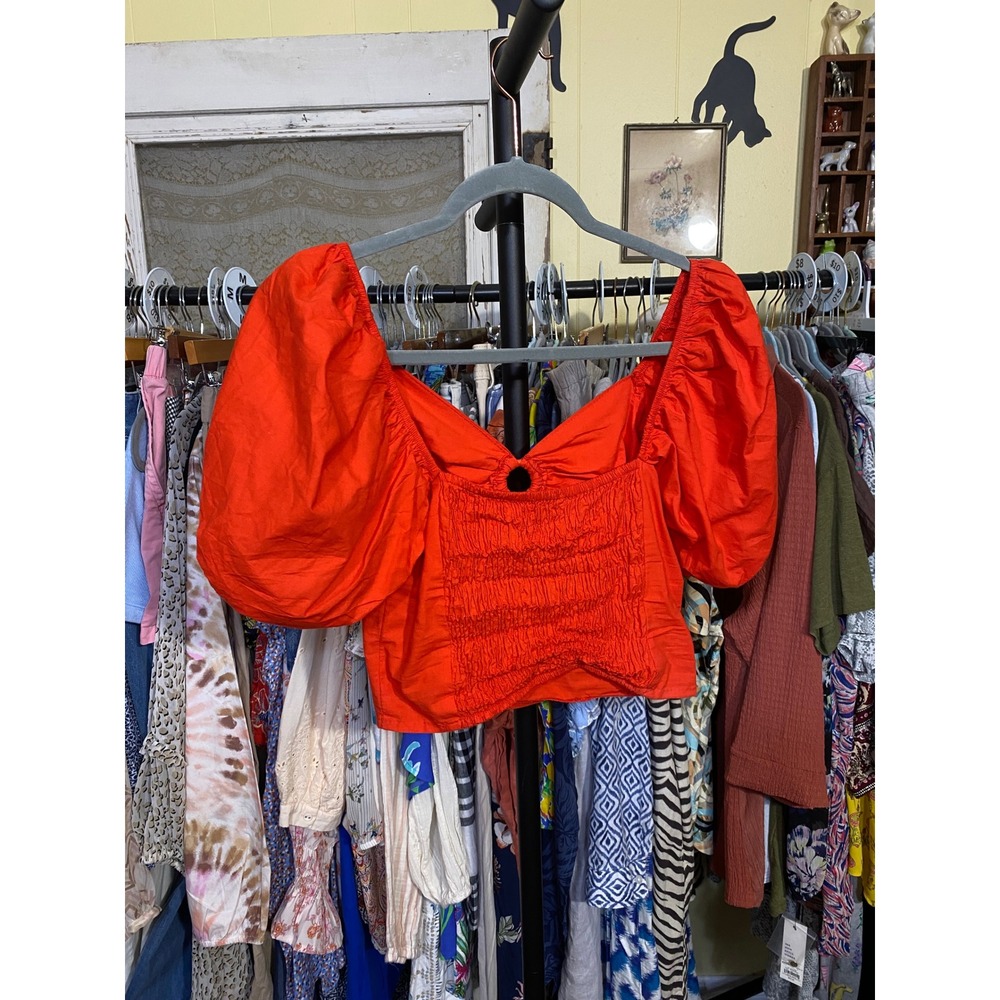Sim & Sam Orange Red Puff Sleeve Ring Detail Smocked Back Crop Top Medium - Picture 3 of 4